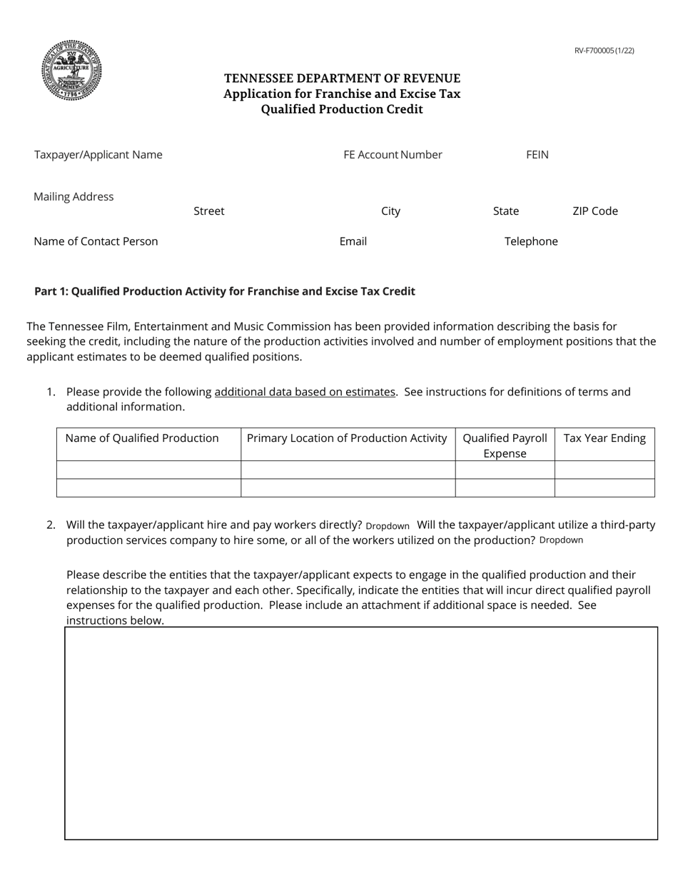 Form RV-F700005 Application for Franchise and Excise Tax Qualified Production Credit - Tennessee, Page 1