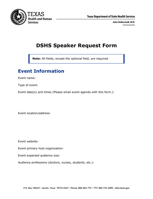Dshs Speaker Request Form - Texas Download Pdf