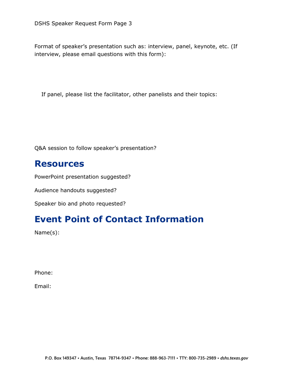 Dshs Speaker Request Form - Texas, Page 3