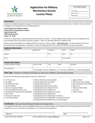 Form VTR-421 Application for Military Meritorious Service License Plates - Texas