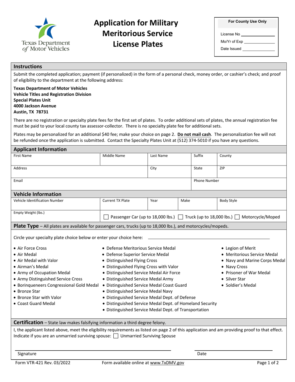 Form VTR-421 Application for Military Meritorious Service License Plates - Texas, Page 1