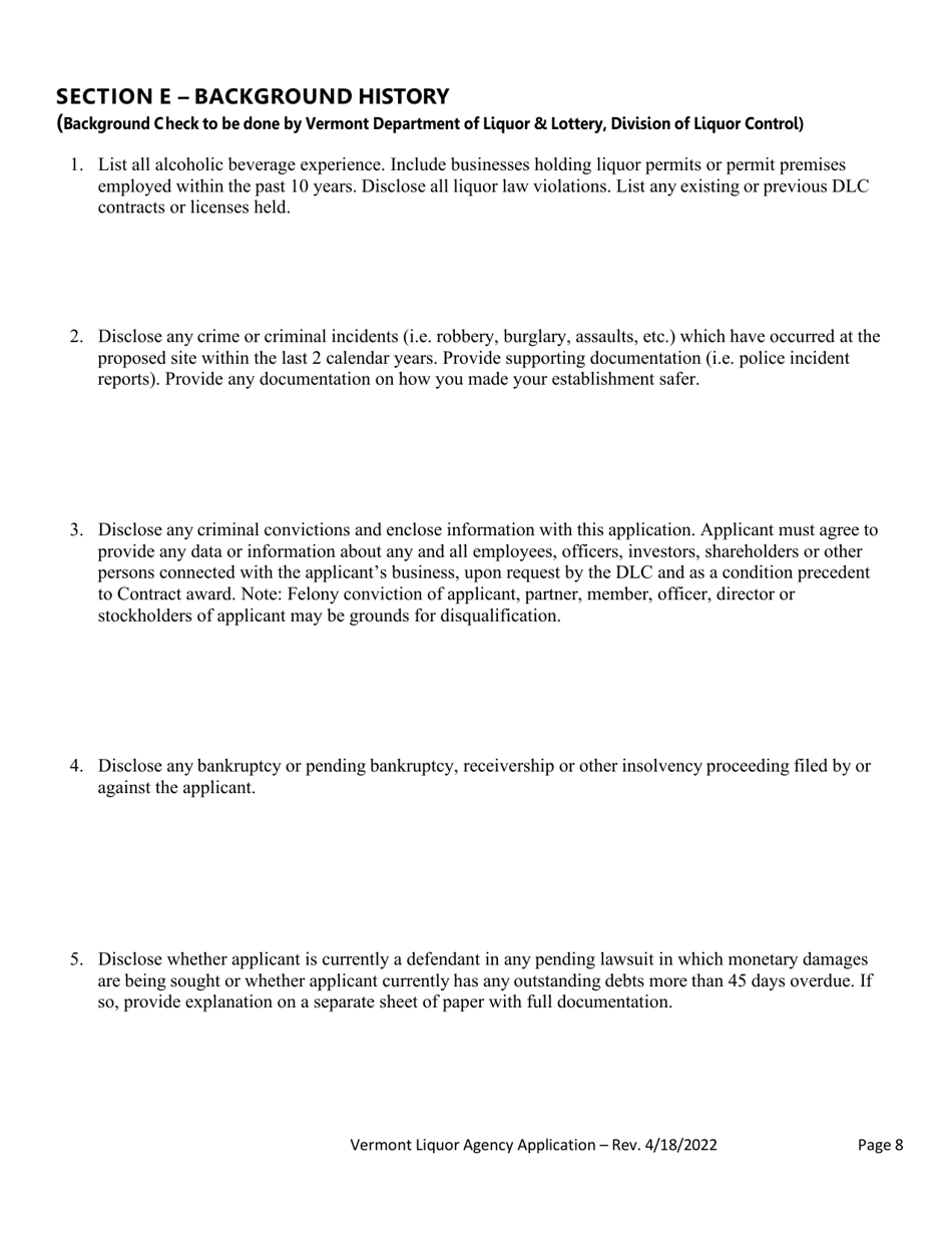 Liquor Agency Application - Vermont, Page 9