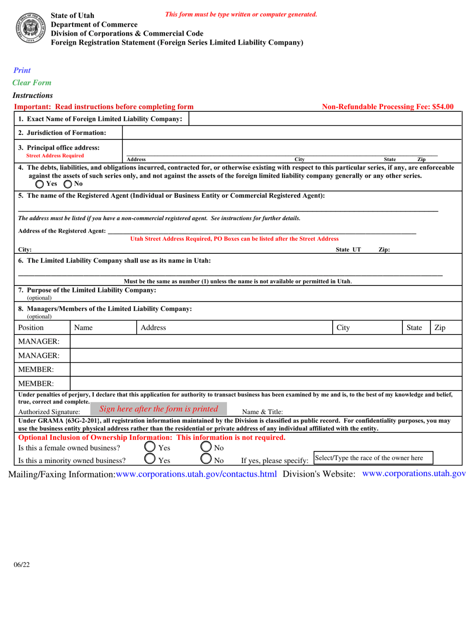 Utah Foreign Registration Statement (Foreign Series Limited Liability Company) Download Fillable