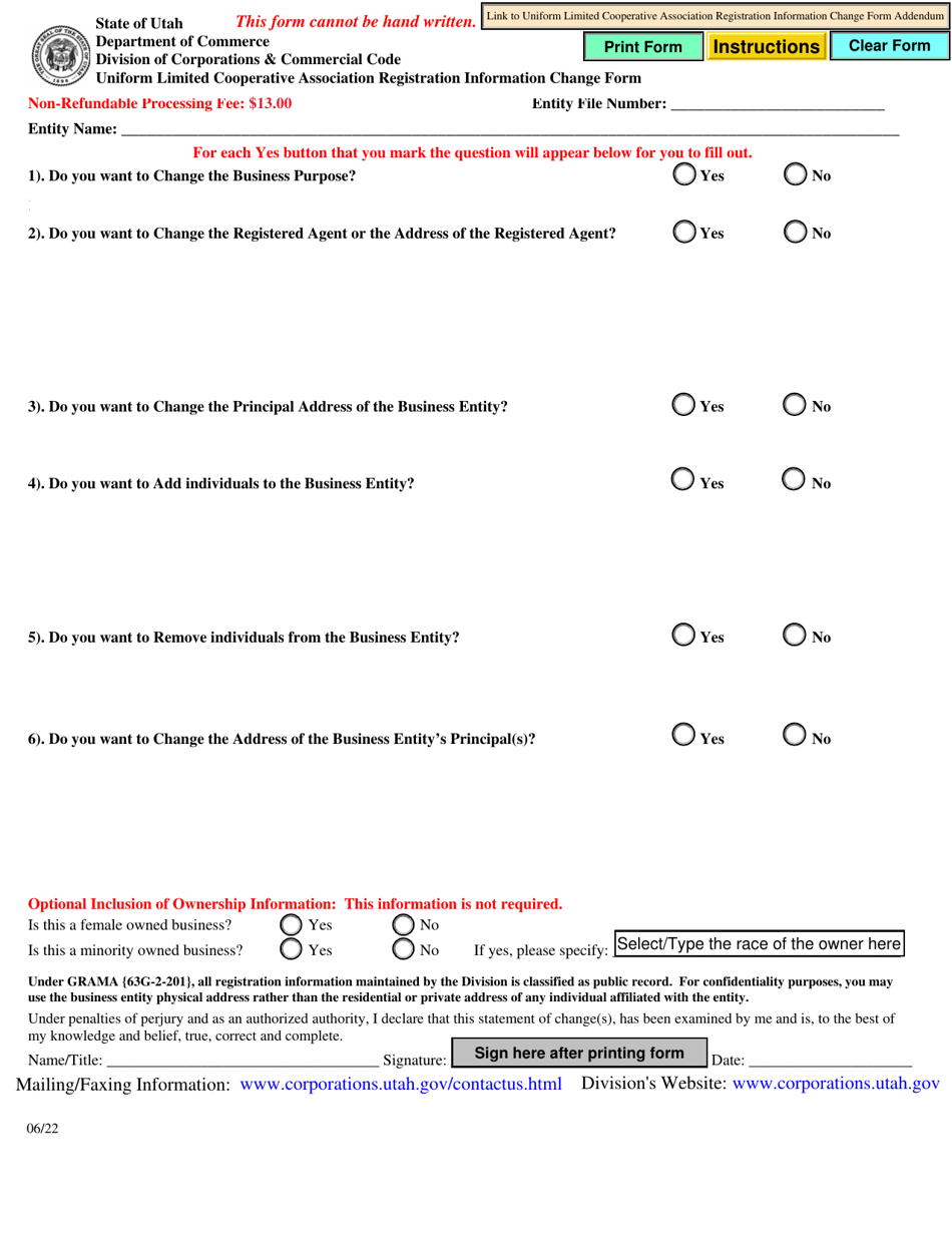 Uniform Limited Cooperative Association Registration Information Change Form - Utah, Page 1