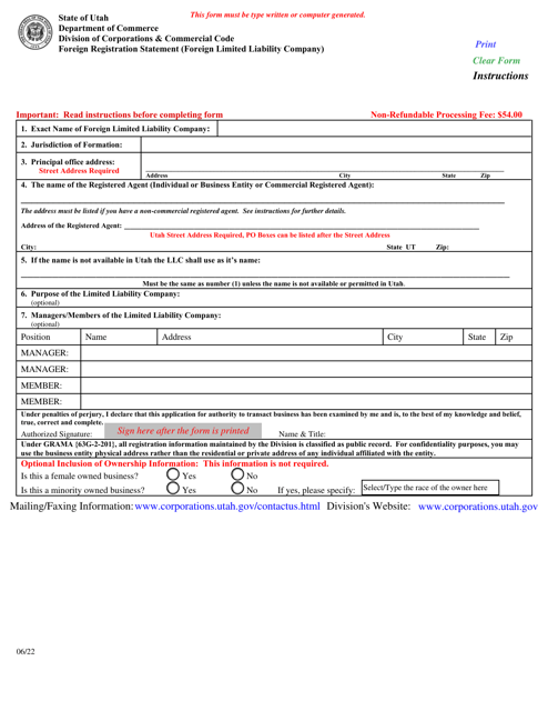 Foreign Registration Statement (Foreign Limited Liability Company) - Utah Download Pdf