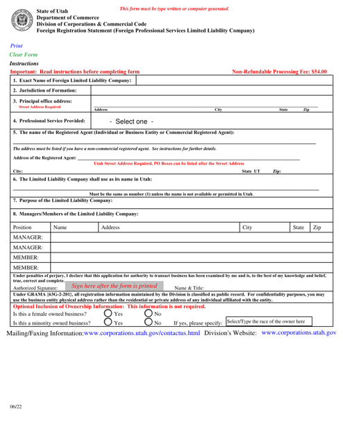 Foreign Registration Statement (Foreign Professional Services Limited Liability Company) - Utah Download Pdf