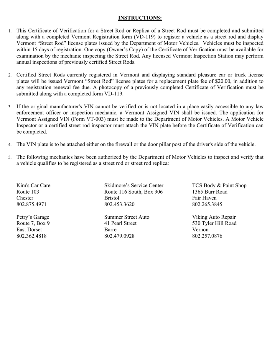 Form VN-086 Certificate of Verification for Street Rod - Vermont, Page 2