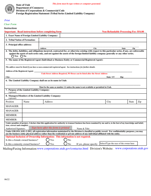 Foreign Registration Statement (Tribal Series Limited Liability Company) - Utah Download Pdf