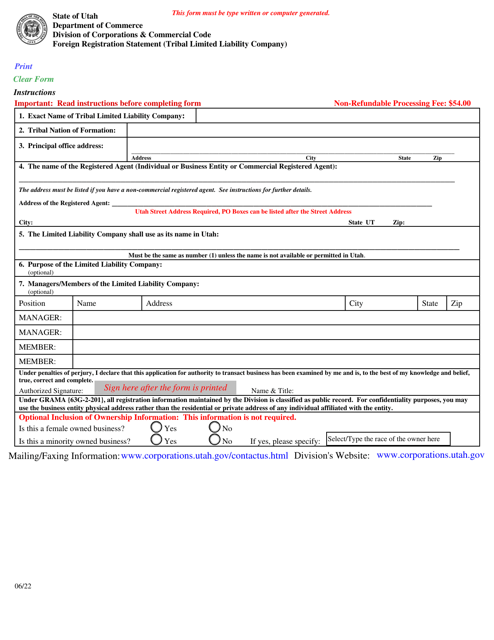 Foreign Registration Statement (Tribal Limited Liability Company) - Utah Download Pdf