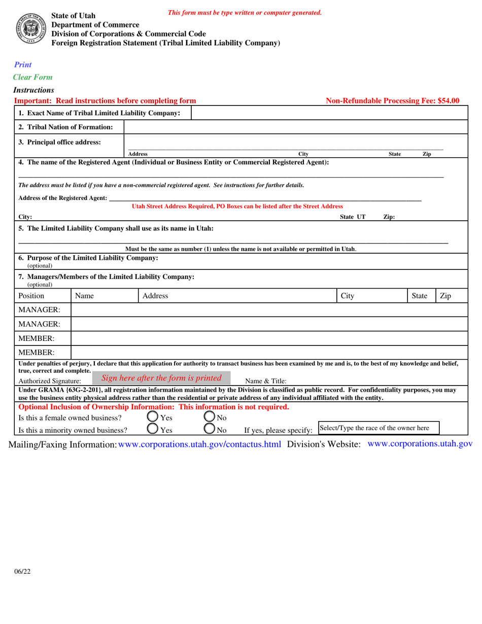 Foreign Registration Statement (Tribal Limited Liability Company) - Utah, Page 1