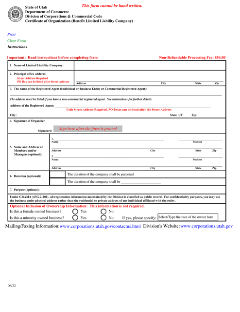 Certificate of Organization (Benefit Limited Liability Company) - Utah Download Pdf
