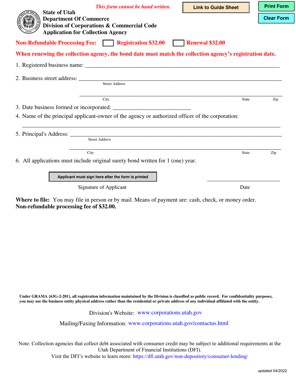 Application for Collection Agency - Utah, Page 1