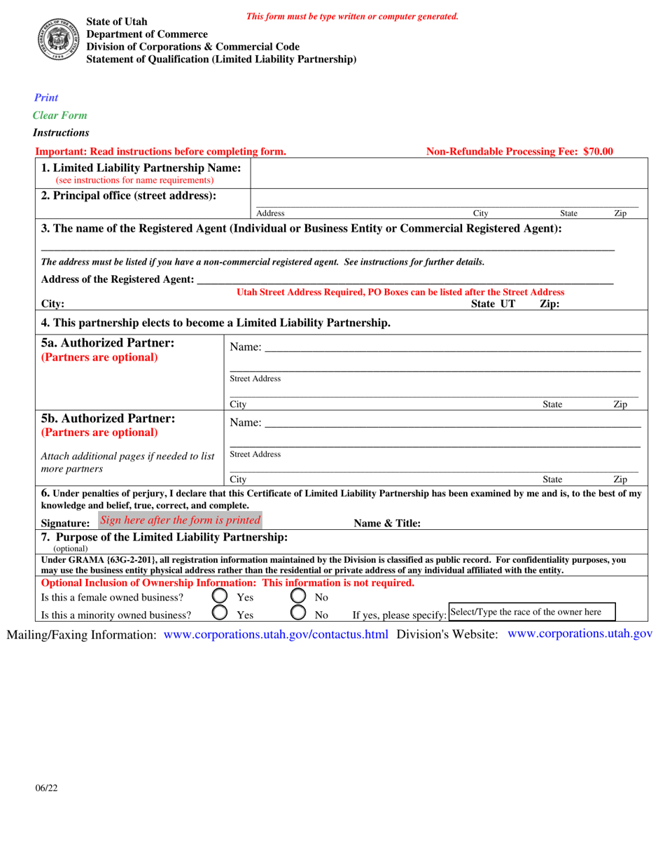 Statement of Qualification (Limited Liability Partnership) - Utah, Page 1