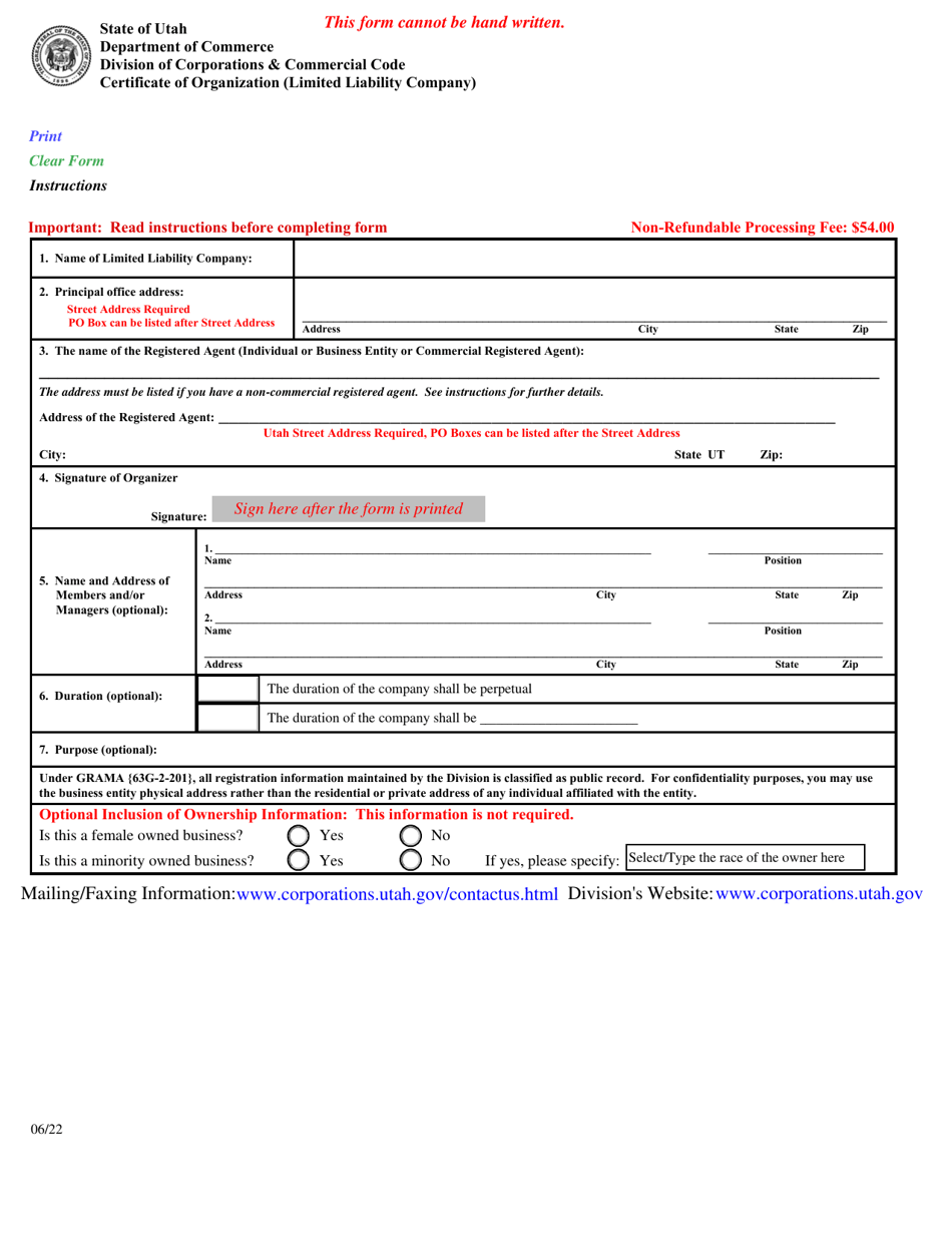 Certificate of Organization (Limited Liability Company) - Utah, Page 1