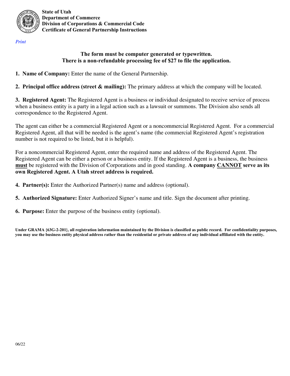 Instructions for Statement of Partnership Authority (General Partnership) - Utah, Page 1