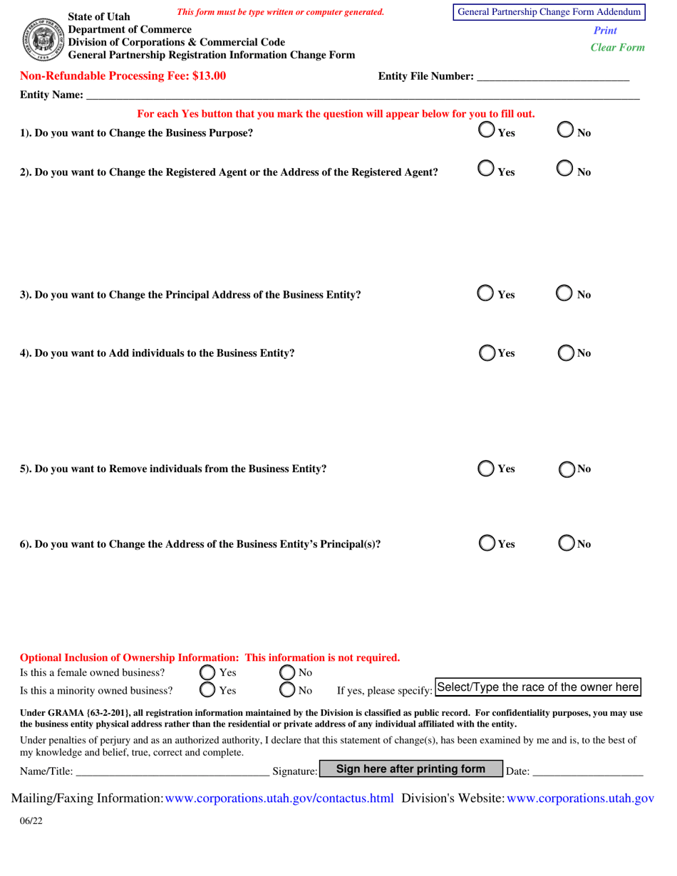 General Partnership Registration Information Change Form - Utah, Page 1