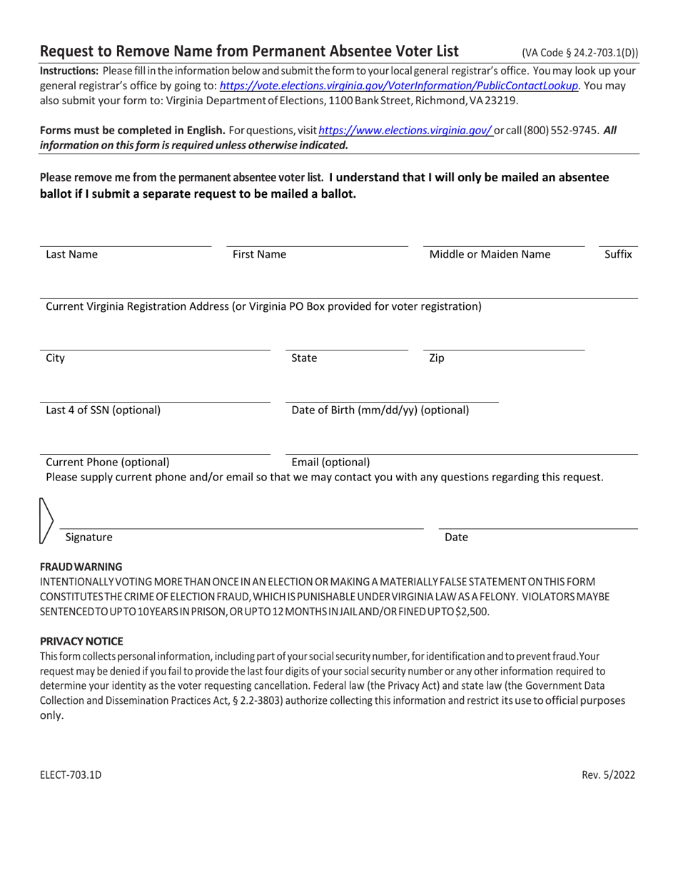 Form ELECT-703.1D Request to Remove Name From Permanent Absentee Voter List - Virginia, Page 1