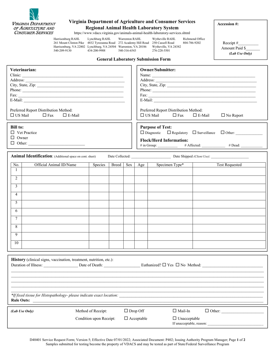 Form D40401 General Laboratory Submission Form - Virginia, Page 1