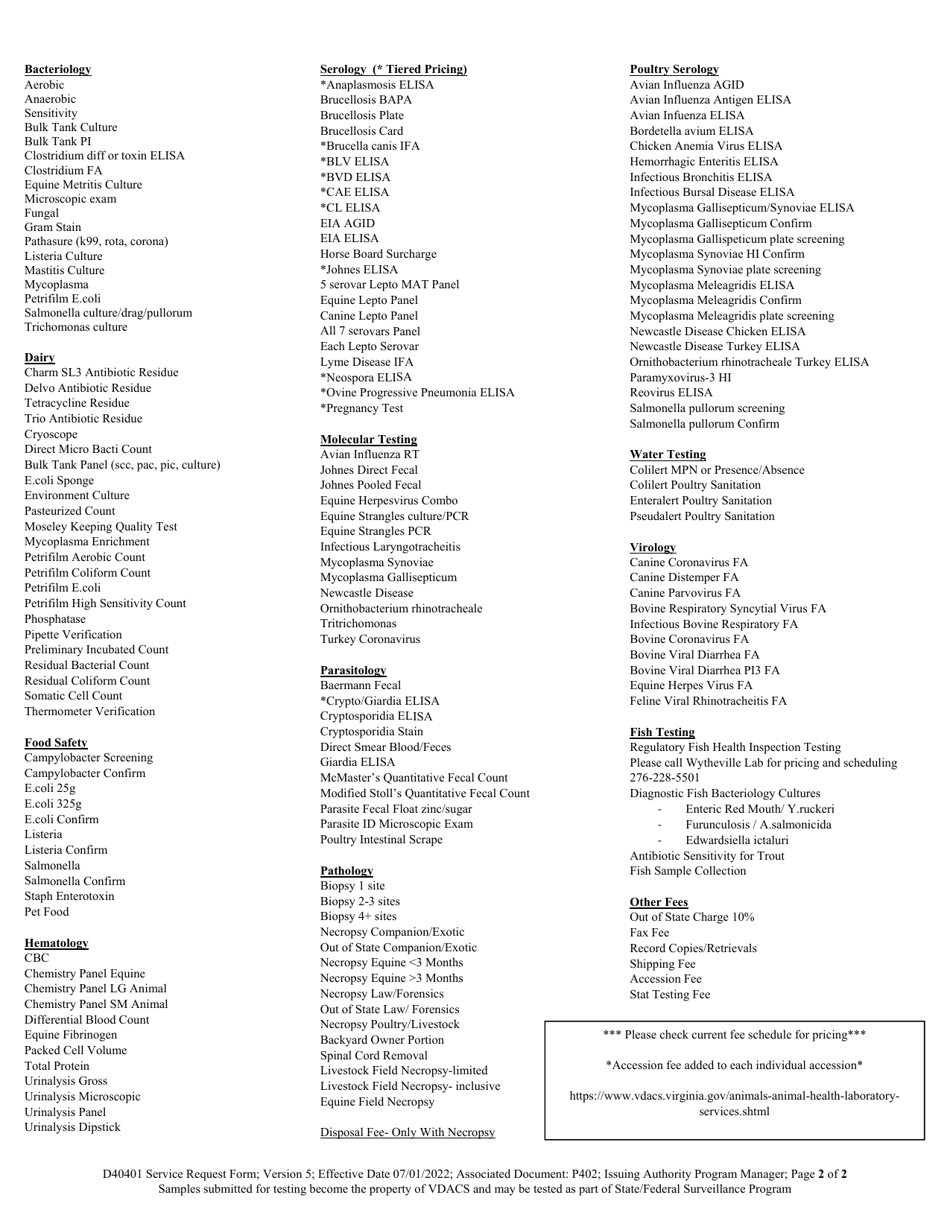 Form D40401 General Laboratory Submission Form - Virginia, Page 2