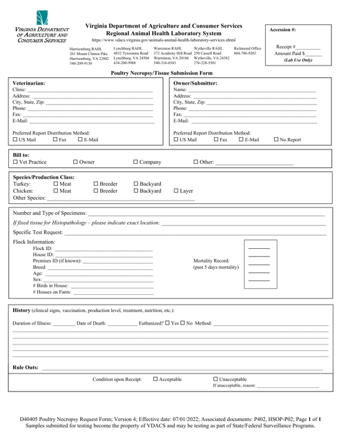 Form D40405 Poultry Necropsy/Tissue Submission Form - Virginia
