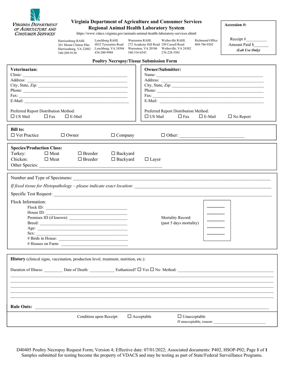 Form D40405 Download Fillable PDF or Fill Online Poultry Necropsy ...