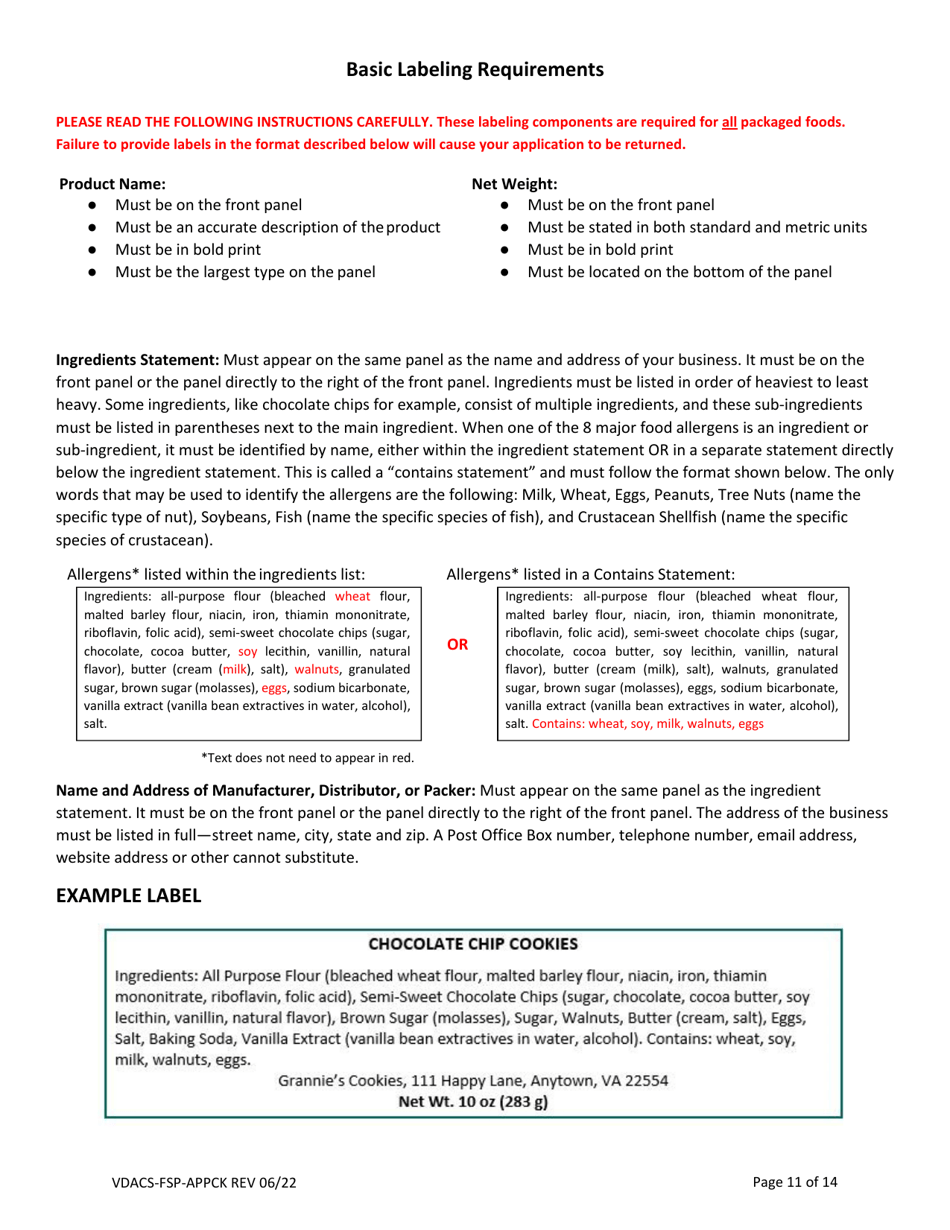 Form VDACS-FSP-APPCK Permit Application for a Commercial Kitchen Food Processing Operation - Virginia, Page 12