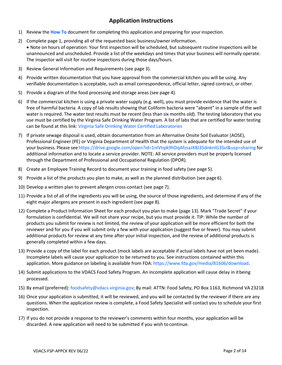 Form VDACS-FSP-APPCK Permit Application for a Commercial Kitchen Food Processing Operation - Virginia, Page 3
