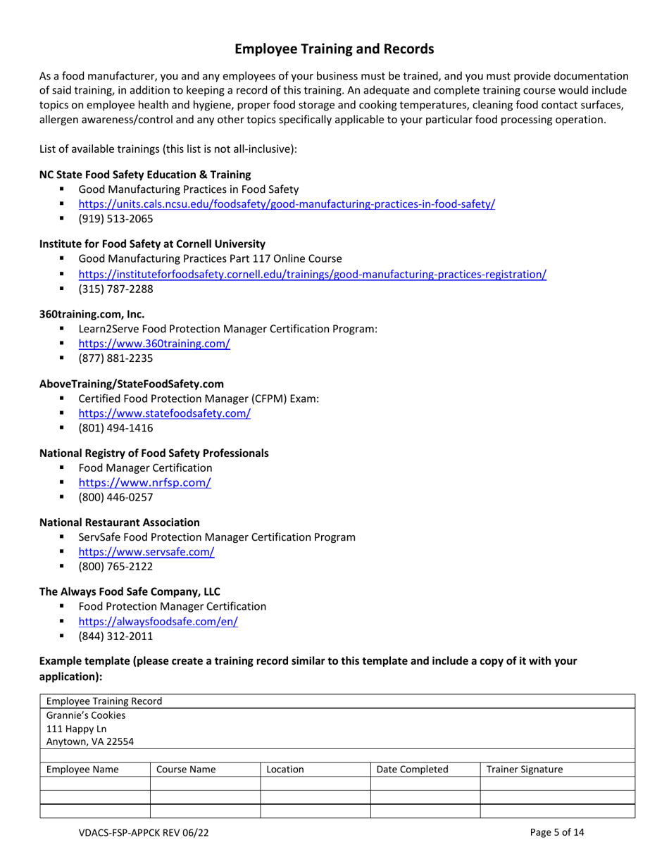 Form VDACS-FSP-APPCK Permit Application for a Commercial Kitchen Food Processing Operation - Virginia, Page 6
