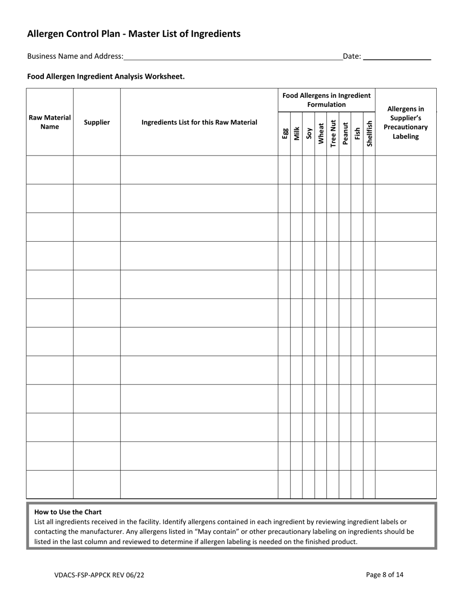 Form VDACS-FSP-APPCK Permit Application for a Commercial Kitchen Food Processing Operation - Virginia, Page 9