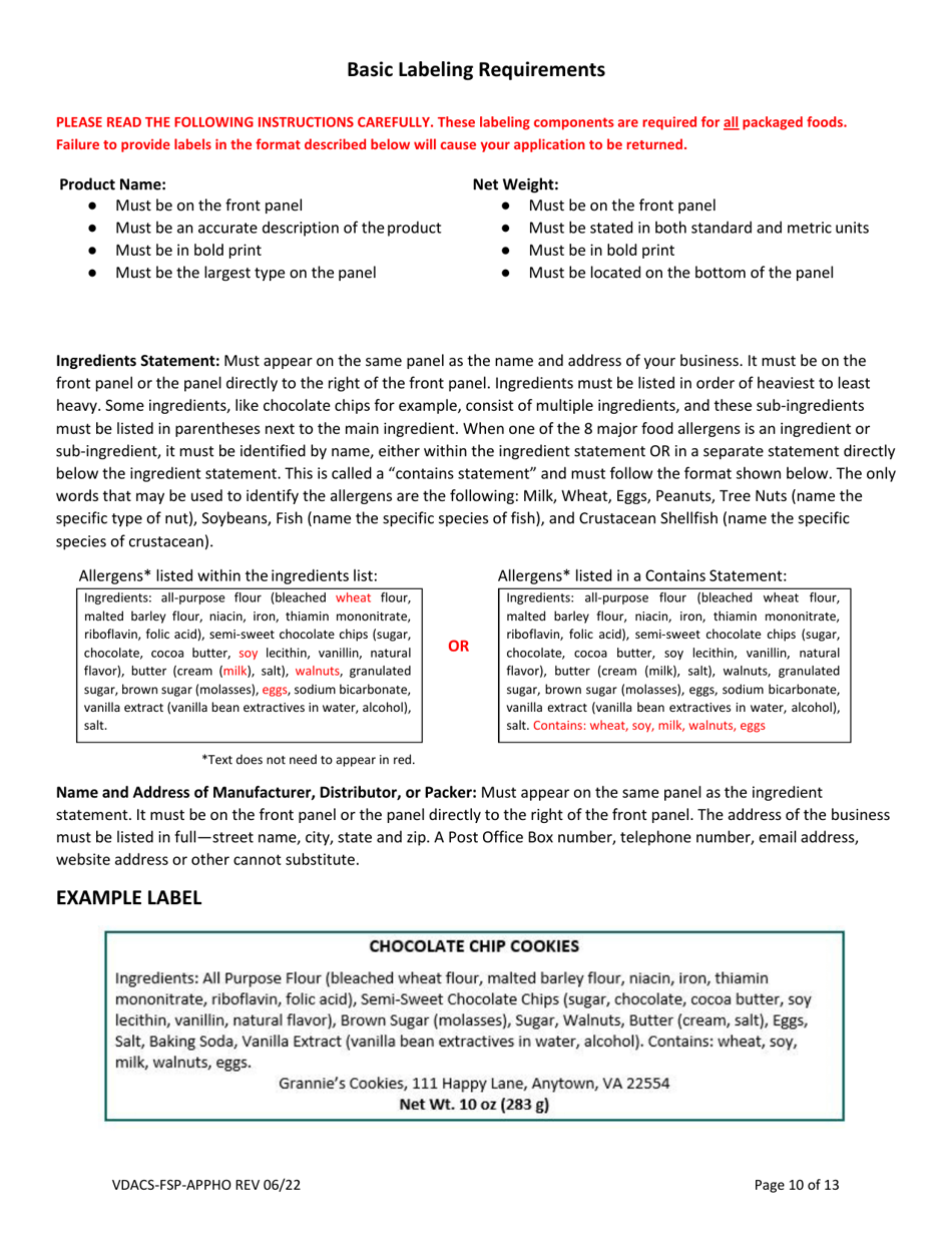 Form VDACS-FSP-APPHO Permit Application for a Home Food Processing Operation - Virginia, Page 11