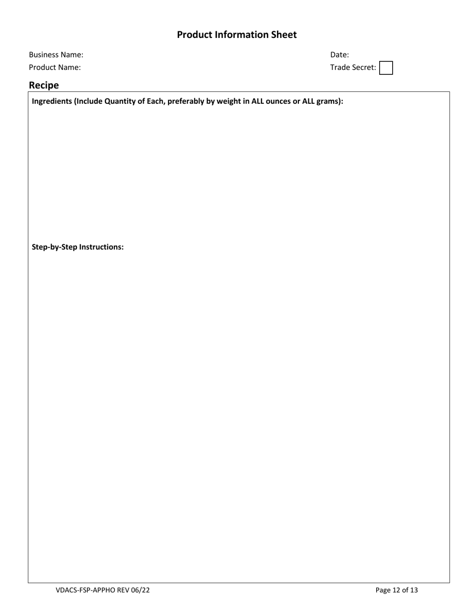 Form VDACS-FSP-APPHO Permit Application for a Home Food Processing Operation - Virginia, Page 13