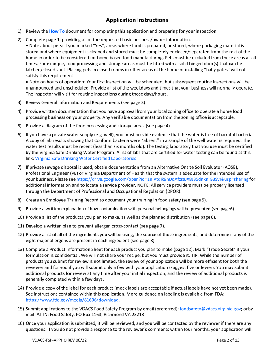 Form VDACS-FSP-APPHO Permit Application for a Home Food Processing Operation - Virginia, Page 3
