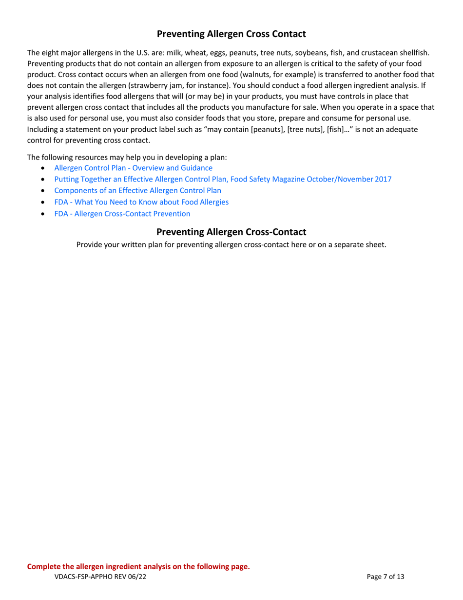 Form VDACS-FSP-APPHO Permit Application for a Home Food Processing Operation - Virginia, Page 8