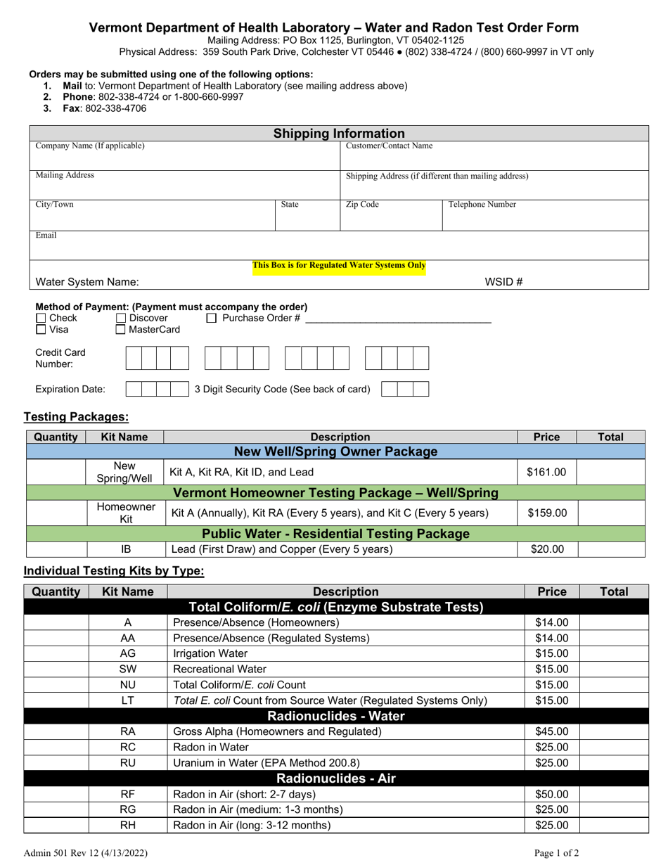 Form Admin501 Water and Radon Test Order Form - Vermont, Page 1