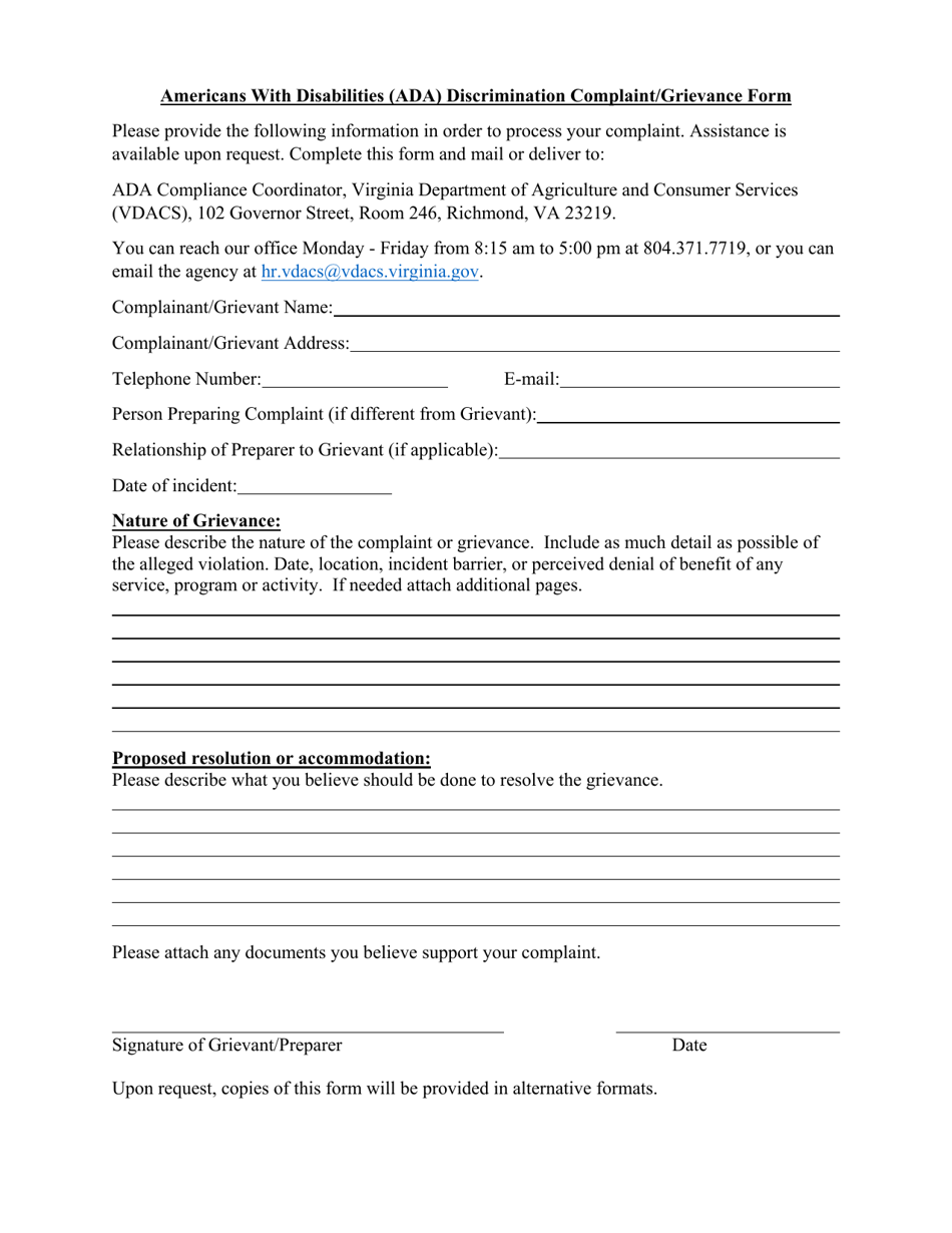 Virginia Americans With Disabilities Ada Discrimination Complaint Grievance Form Fill Out