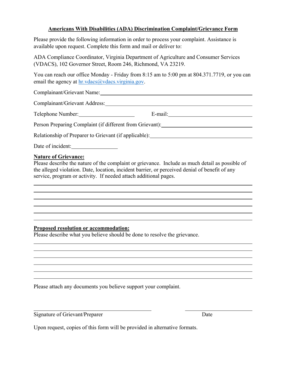 Americans With Disabilities (Ada) Discrimination Complaint / Grievance Form - Virginia, Page 1