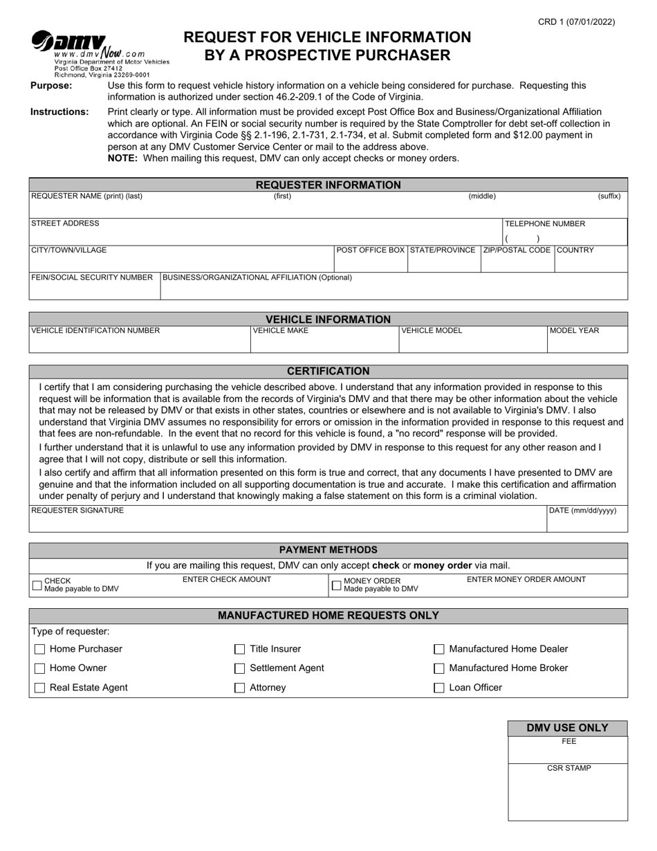 Form CRD1 Request for Vehicle Information by a Prospective Purchaser - Virginia, Page 1