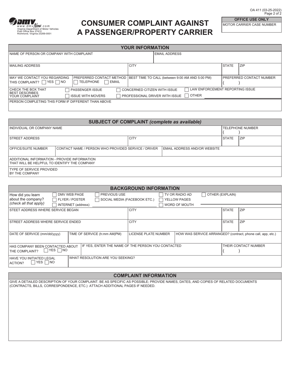 Form OA411 Consumer Complaint Against a Passenger / Property Carrier - Virginia, Page 2