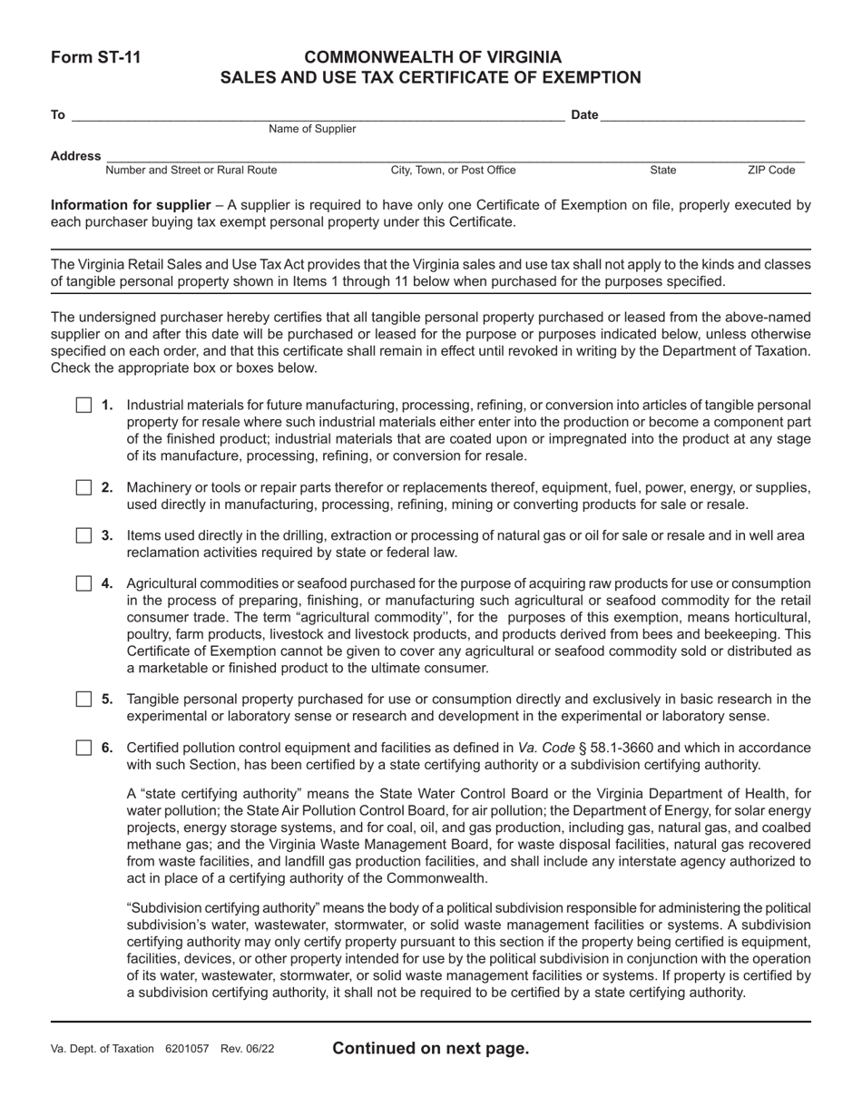 Form ST-11 Sales and Use Tax Certificate of Exemption - Virginia, Page 1