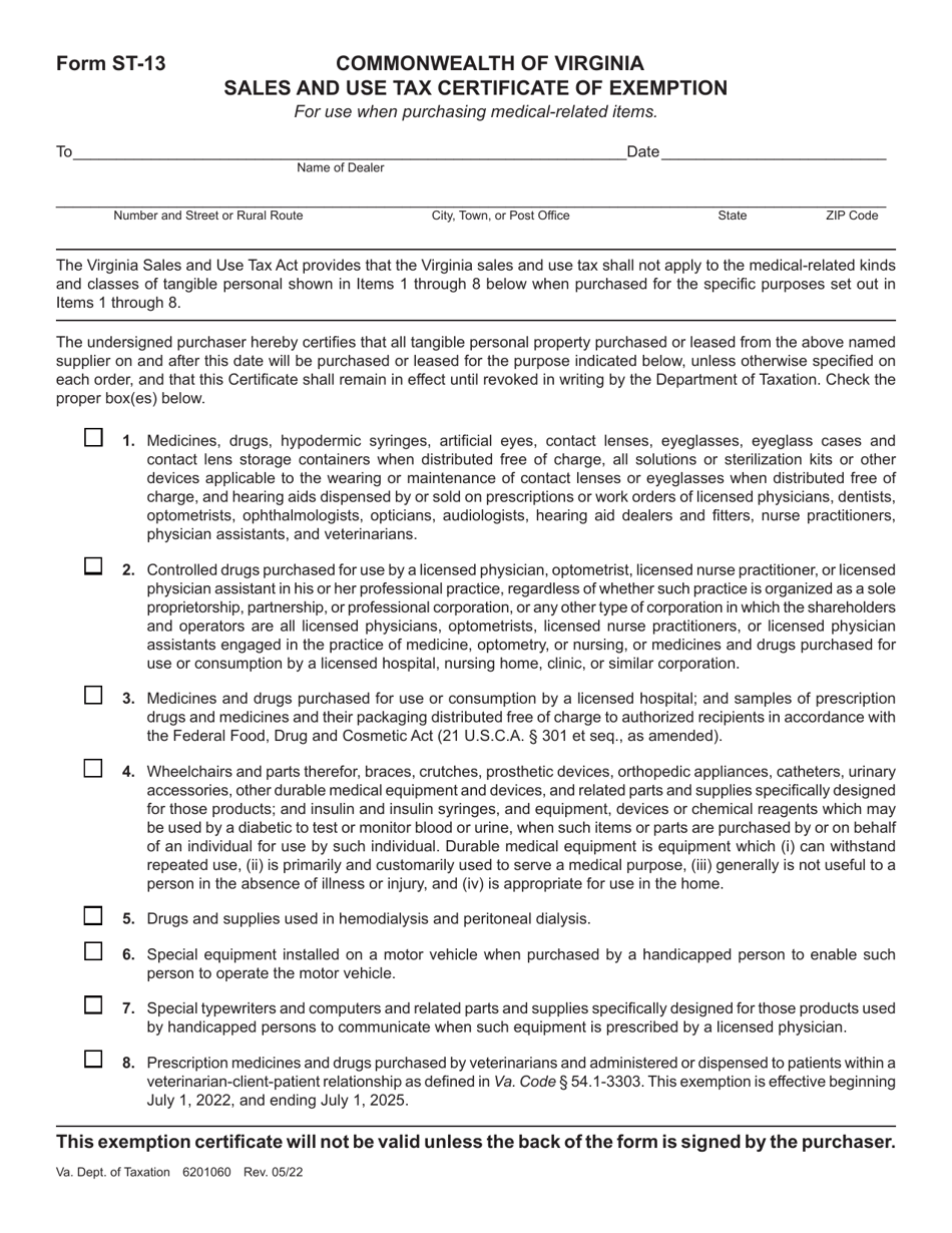 Form ST-13 Sales and Use Tax Certificate of Exemption for Use When Purchasing Medical-Related Items - Virginia, Page 1
