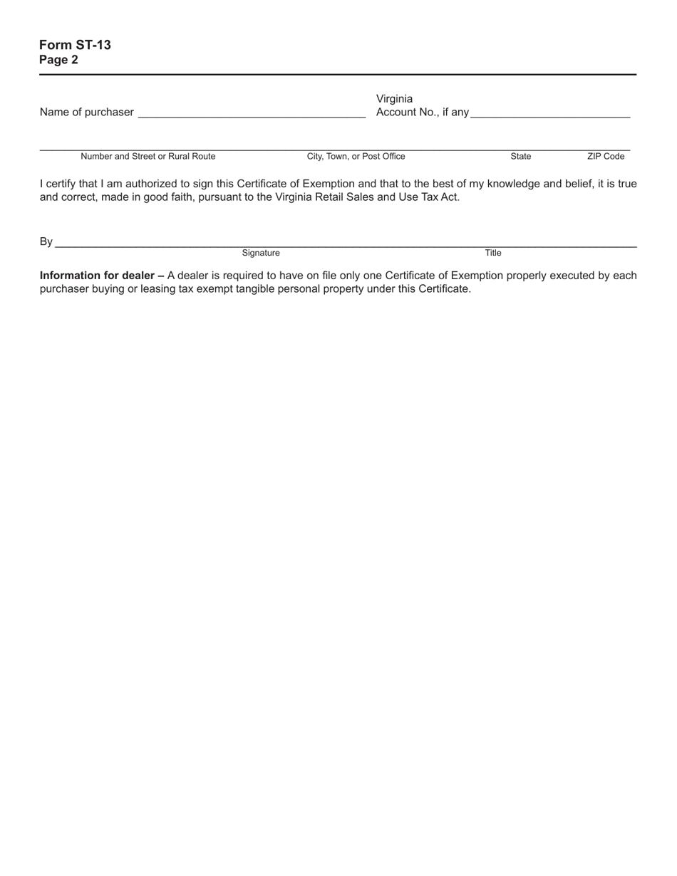 Form ST-13 Sales and Use Tax Certificate of Exemption for Use When Purchasing Medical-Related Items - Virginia, Page 2