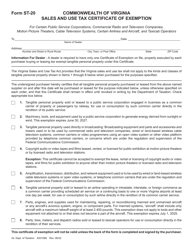 Document preview: Form ST-20 Sales and Use Tax Certificate of Exemption for Certain Public Service Corporations, Commercial Radio and Television Companies, Motion Picture Theaters, Cable Television Systems, Certain Airlines and Aircraft, and Taxicab Operators - Virginia