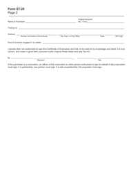 Form ST-20 Sales and Use Tax Certificate of Exemption for Certain Public Service Corporations, Commercial Radio and Television Companies, Motion Picture Theaters, Cable Television Systems, Certain Airlines and Aircraft, and Taxicab Operators - Virginia, Page 2