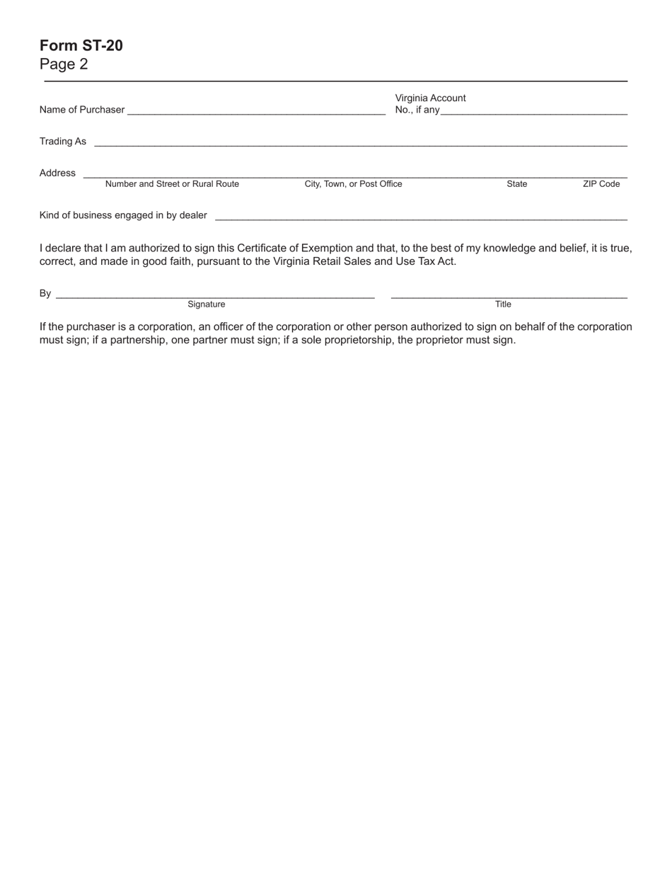 Form ST-20 Sales and Use Tax Certificate of Exemption for Certain Public Service Corporations, Commercial Radio and Television Companies, Motion Picture Theaters, Cable Television Systems, Certain Airlines and Aircraft, and Taxicab Operators - Virginia, Page 2