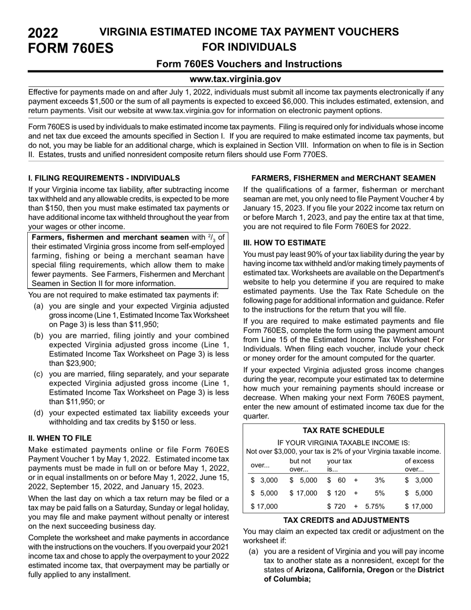Form 760ES Virginia Estimated Income Tax Payment Vouchers for Individuals - Virginia, Page 1