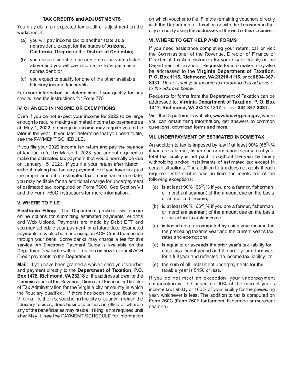Form 770ES Virginia Estimated Income Tax Payment Vouchers for Estates, Trusts, and Pass Through Entities Filing on Behalf of Unified Nonresidents - Virginia, Page 2
