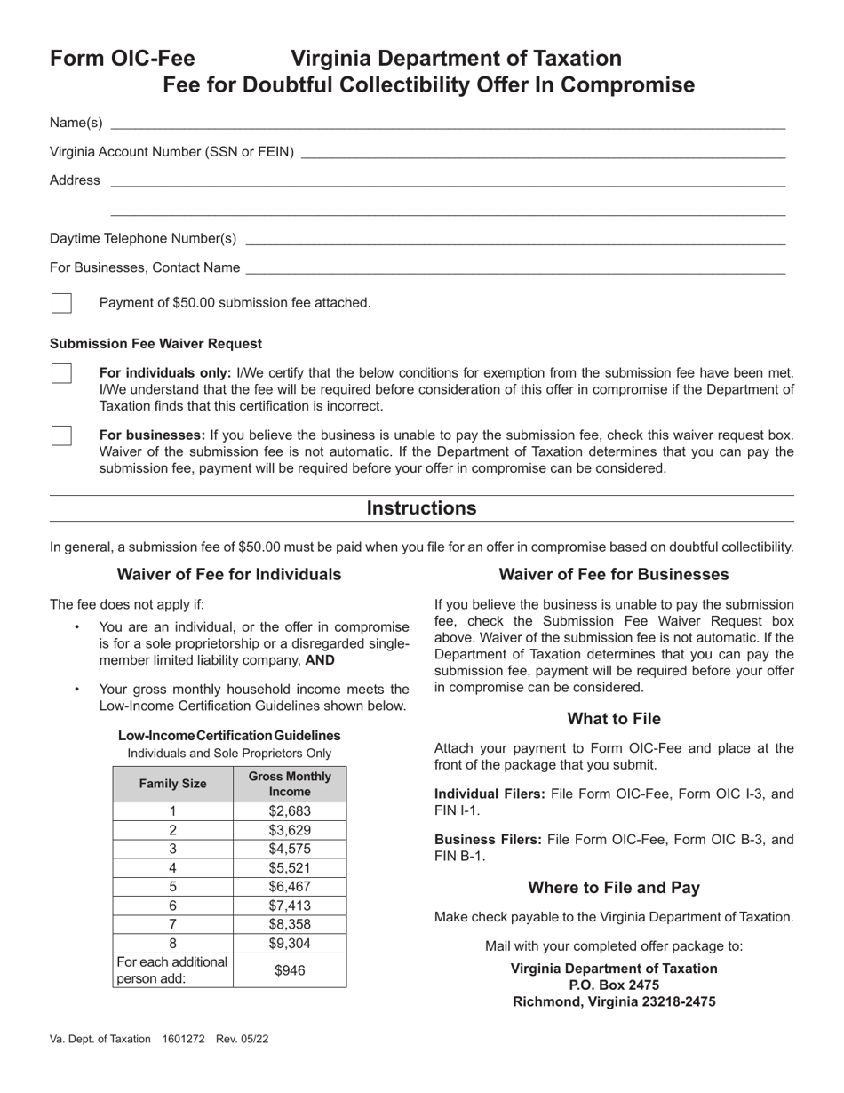 Form OIC-FEE Fee for Doubtful Collectibility Offer in Compromise - Virginia, Page 1