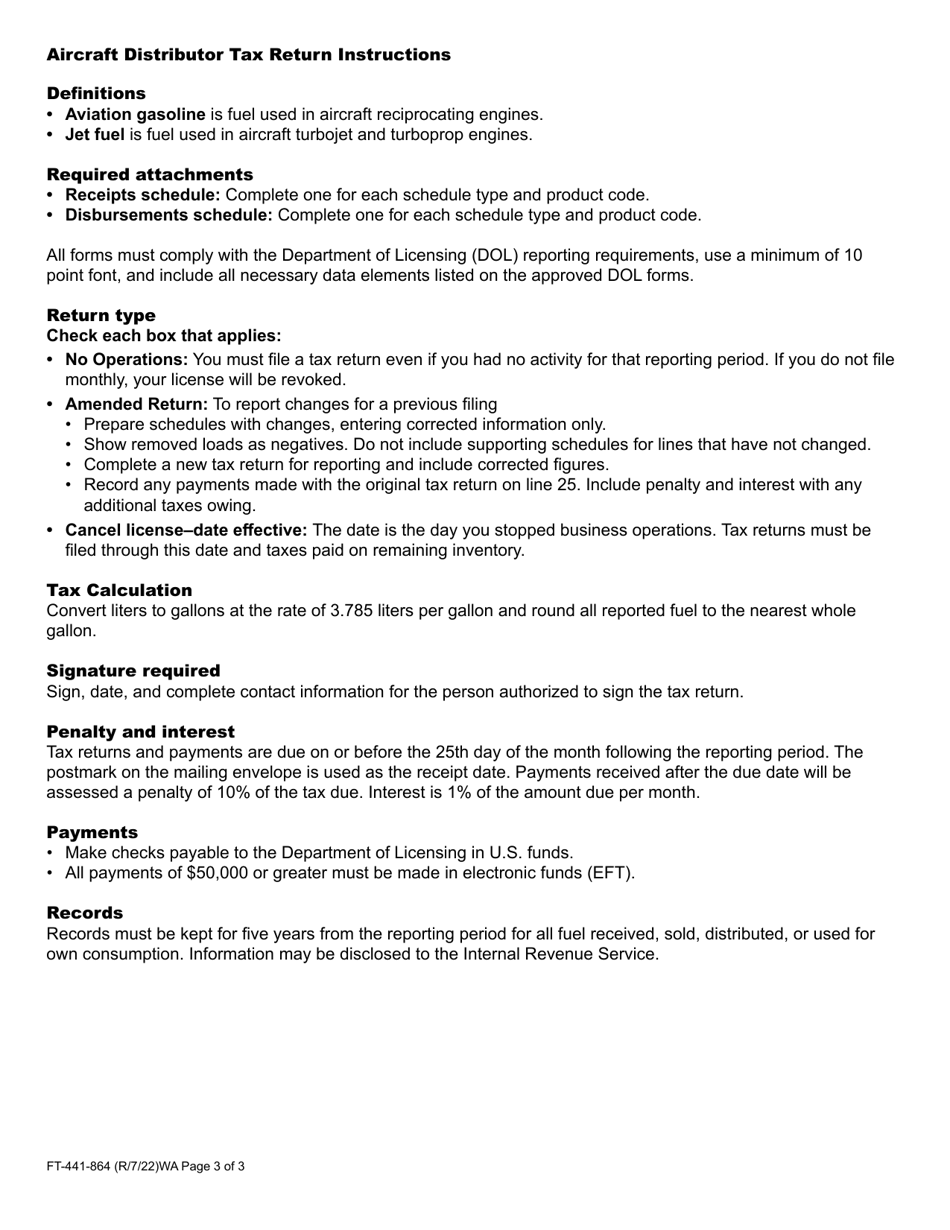 Form FT-441-864 Aircraft Distributor Tax Return - Washington, Page 3