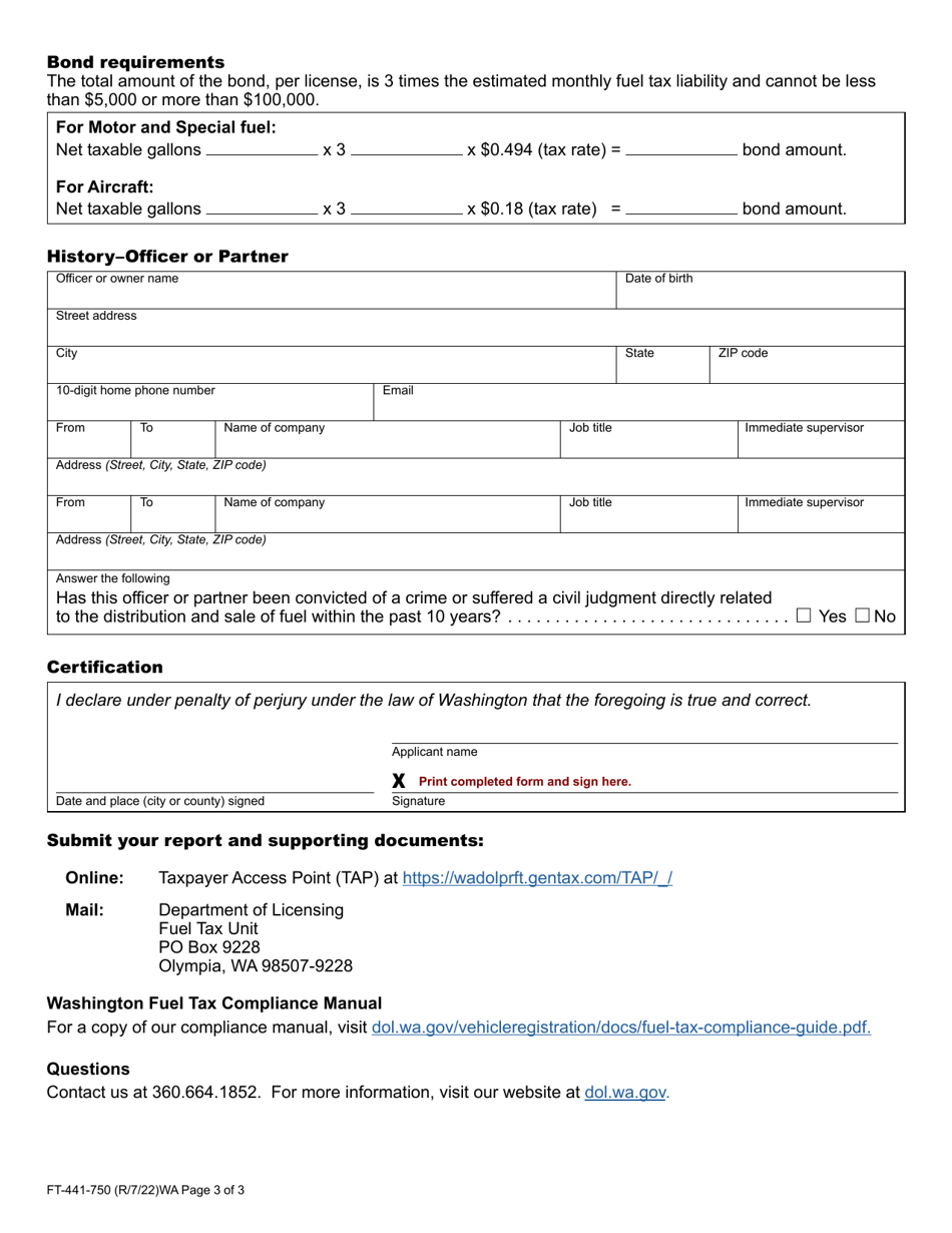 Form FT-441-750 Fuel Tax Application - Washington, Page 3