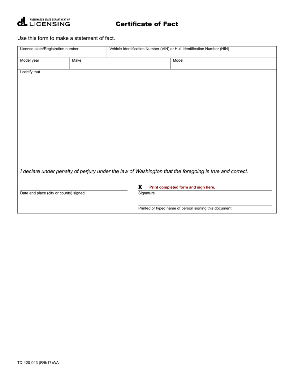 Form TD-420-043 Certificate of Fact - Washington, Page 1